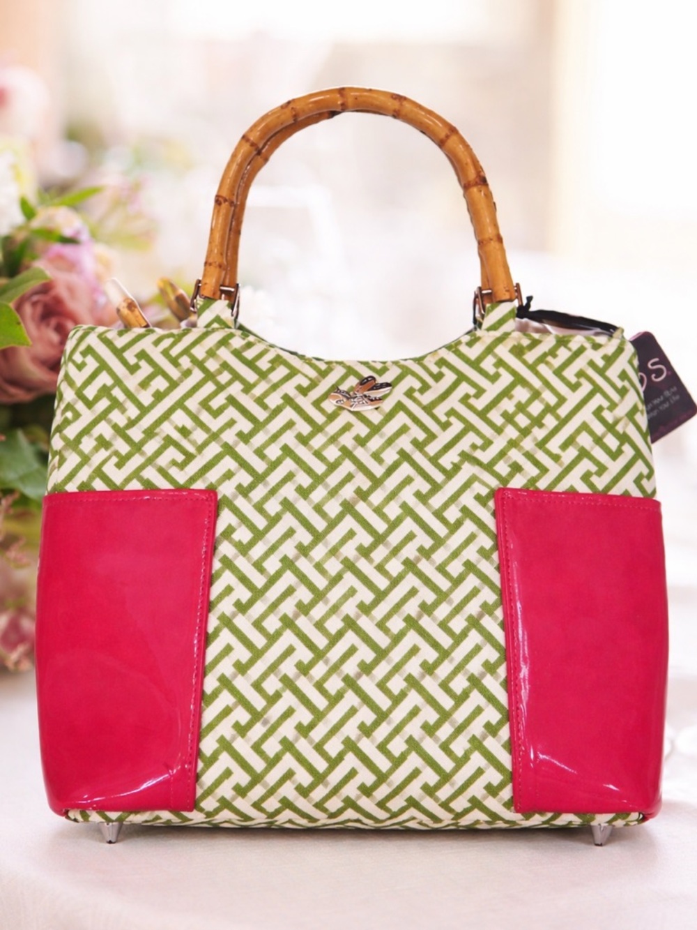 B’s Bamboo Handle Satchel Pink Green Geometric Bee Bag NWT
